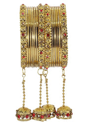 NMII Traditional Metal Bangles Set For Women & Girls with Zircon Gemstone & Latkan | Stylish Oxidised Look Gold Plated Bangles | Women's Fashion Jewellery