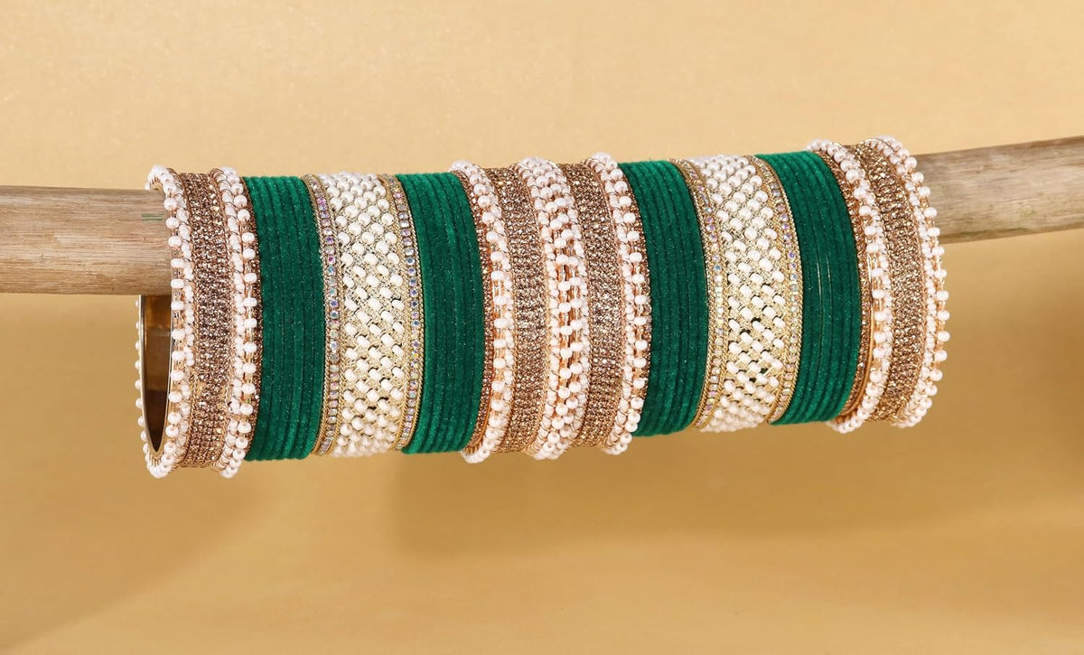 NMII Golden Metal Chuda Bangles Set For Bridal Women & Girls with Zircon Diamond, White Motis & Velvet Bangles | Latest Trendy Chooda Set | Bangles Set For Wedding, Party, Occasion- Set of 34