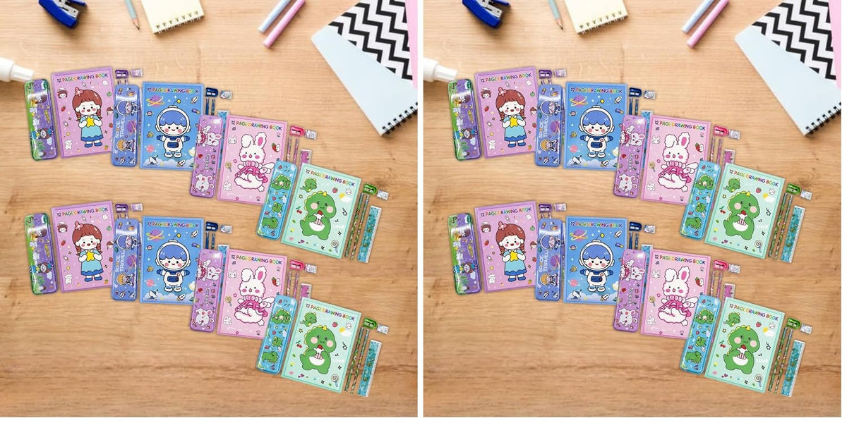 Toy Imagine Pack of 16 Stationery Kit Sets for Kids [8 Pouches + 8 Metal Compass Boxes + 8 Scales + 8 Erasers + 8 Sharpeners + 16 Pencils + 8 Drawing Books (12 Pages)] | Birthday Return Gift for Boys & Girls