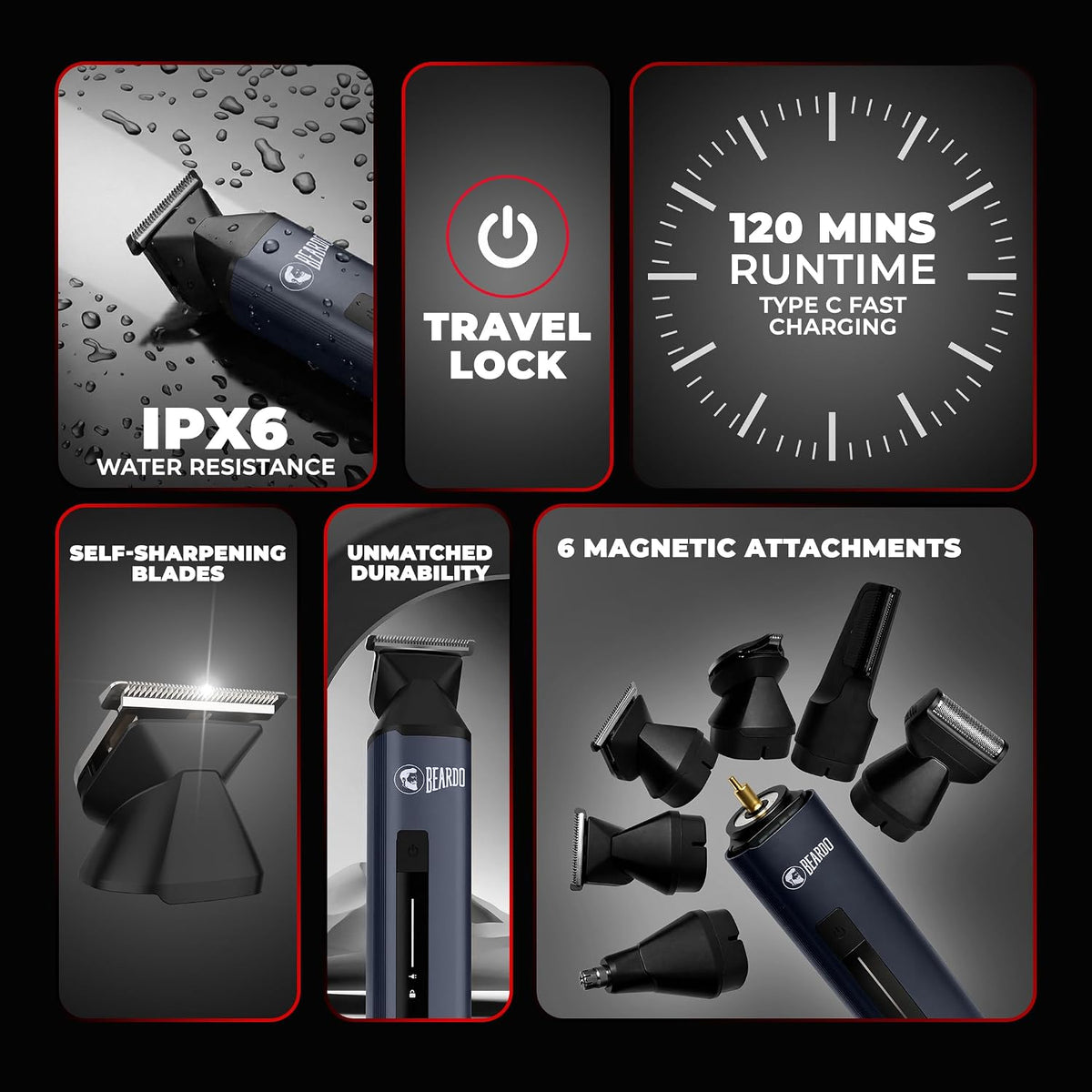 BEARDO Godfather Premium Trimmer Kit for Men | Full Body Grooming Kit with 6 Magnetic Attachments | 8000 RPM Motor, 120 Min Runtime, Travel Lock | Self-Sharpening Blades, Aluminium Body