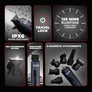 BEARDO Godfather Premium Trimmer Kit for Men | Full Body Grooming Kit with 6 Magnetic Attachments | 8000 RPM Motor, 120 Min Runtime, Travel Lock | Self-Sharpening Blades, Aluminium Body
