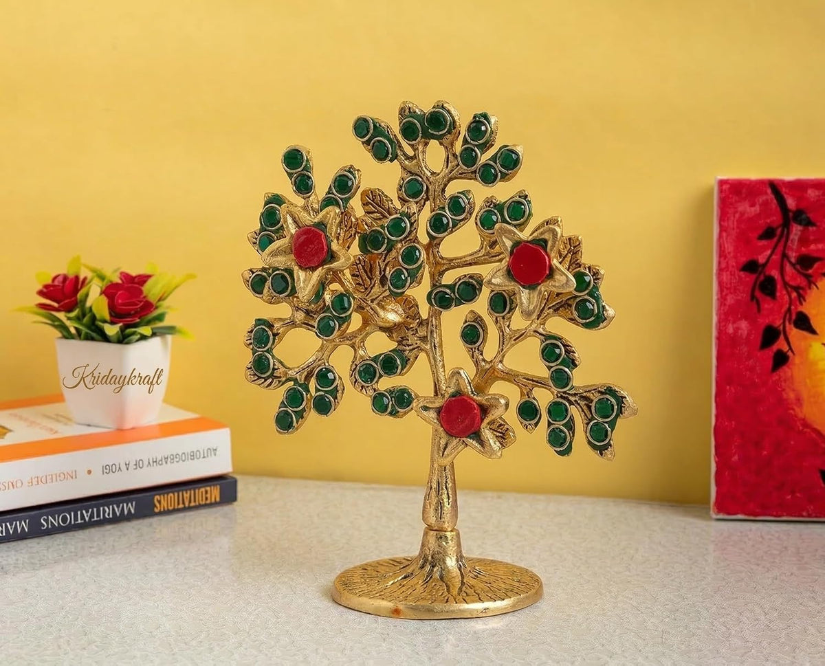 KridayKraft Metal Kalpavriksha Tree for Home Decor - Golden Wish Fulfilling Tree Metal Showpiece for Temple, Vastu, Office Table & Gifting Banyan (No 1 Golden with Stone)