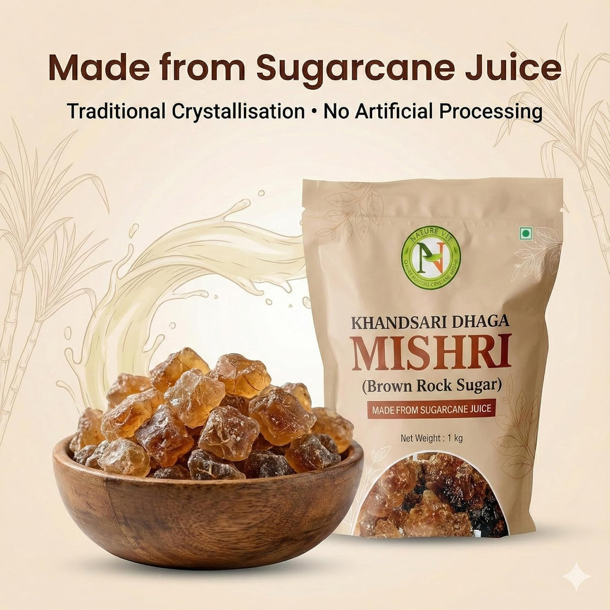 NatureVit Khandsari Dhaga Mishri 1 Kg | Pure Threaded Rock Sugar | Traditional Brown Mishri Candy for Pooja & Wellness