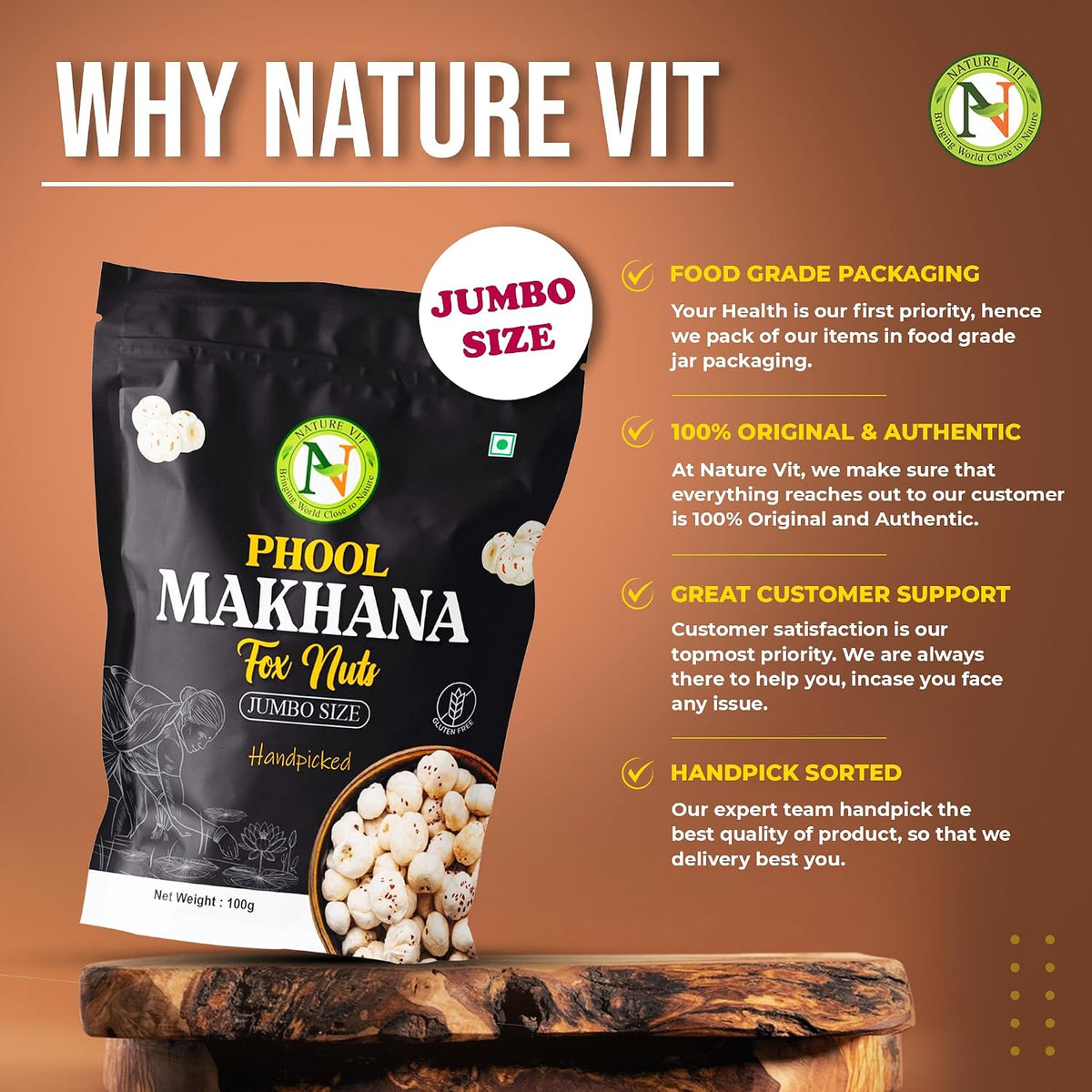NatureVit Phool Makhana 250g [Jumbo-Size] | Hand Picked | Big Lotus Seeds | Gluten-Free | Low-Fat Snack