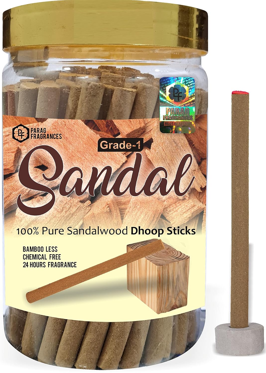 Parag fragrances Hand Crafted, Long Lasting Sandalwood Natural Essential oils and Herbs Dhoop Sticks Jar for Prayer (Without Charcoal and Bamboo) 200gm Pack