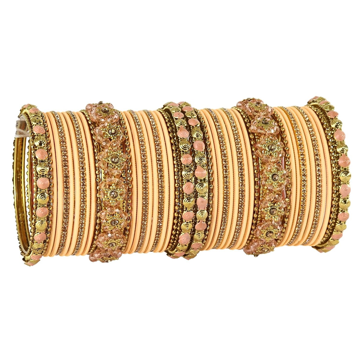 NMII 46 Pcs Premium Velvet Bridal Chuda Set Work With Zircon Stone & Floral Design | Gold Plated Link Chain Chudi | Stone Studded Bangles | Beads Bridal Chuda | Designer Chura For Wedding & Festive