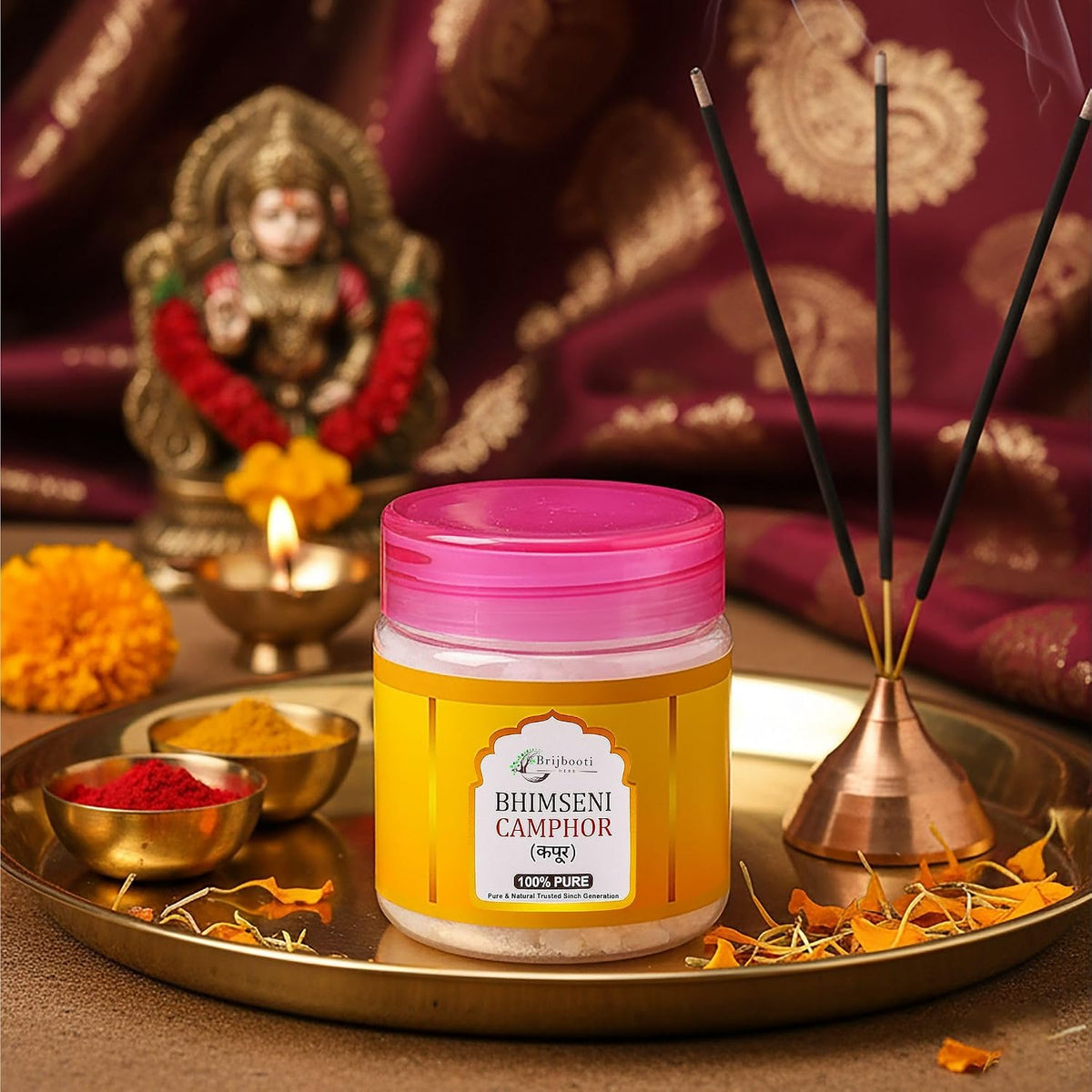 Brijbooti Original Bhimseni Camphor 50g | Bhimseni Kapoor | 100% Pure & Organic Kapoor for Pooja, Aarti, Hawan, Aromatherapy & Air Freshener | Zero Residue