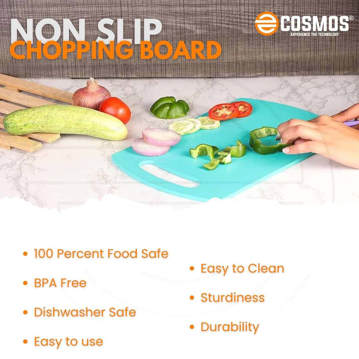 E-COSMOS® Plastic Cutting/Chopping Board for Kitchen, Heavy-Duty & Durable Kitchen Board for Vegetable and Meat Chopping, Anti-Slip Grip, Easy to Clean (Turquoise) (34L X 22W)