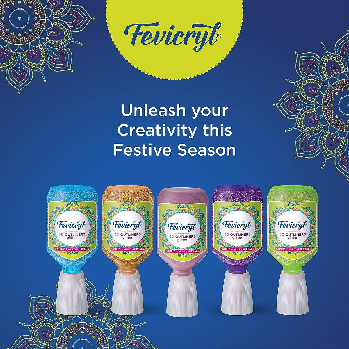 Fevicryl 3D Outliners Glitter Kit 20ml x 5 | Fabric and Multi-Surface 3D Outliners Assorted Pack, Multi Colour | DIY Art & Craft | Ideal for Artists, Gifting