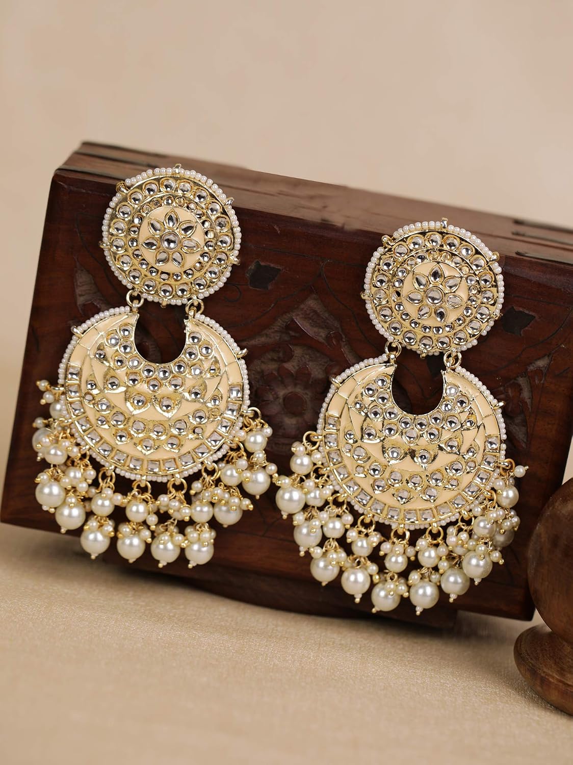 Priyaasi Gold-Plated Kundan Stones Chandbali Earrings for Women and Girls (Peach and Gold)