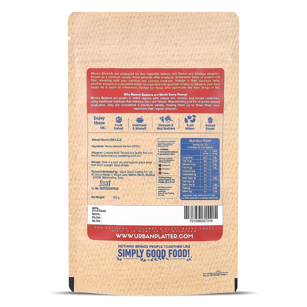 Urban Platter Mamra Almonds, 100g (Rich in Healthy Fats and Protein | Nutrient-Dense | Premium Almond Variety)