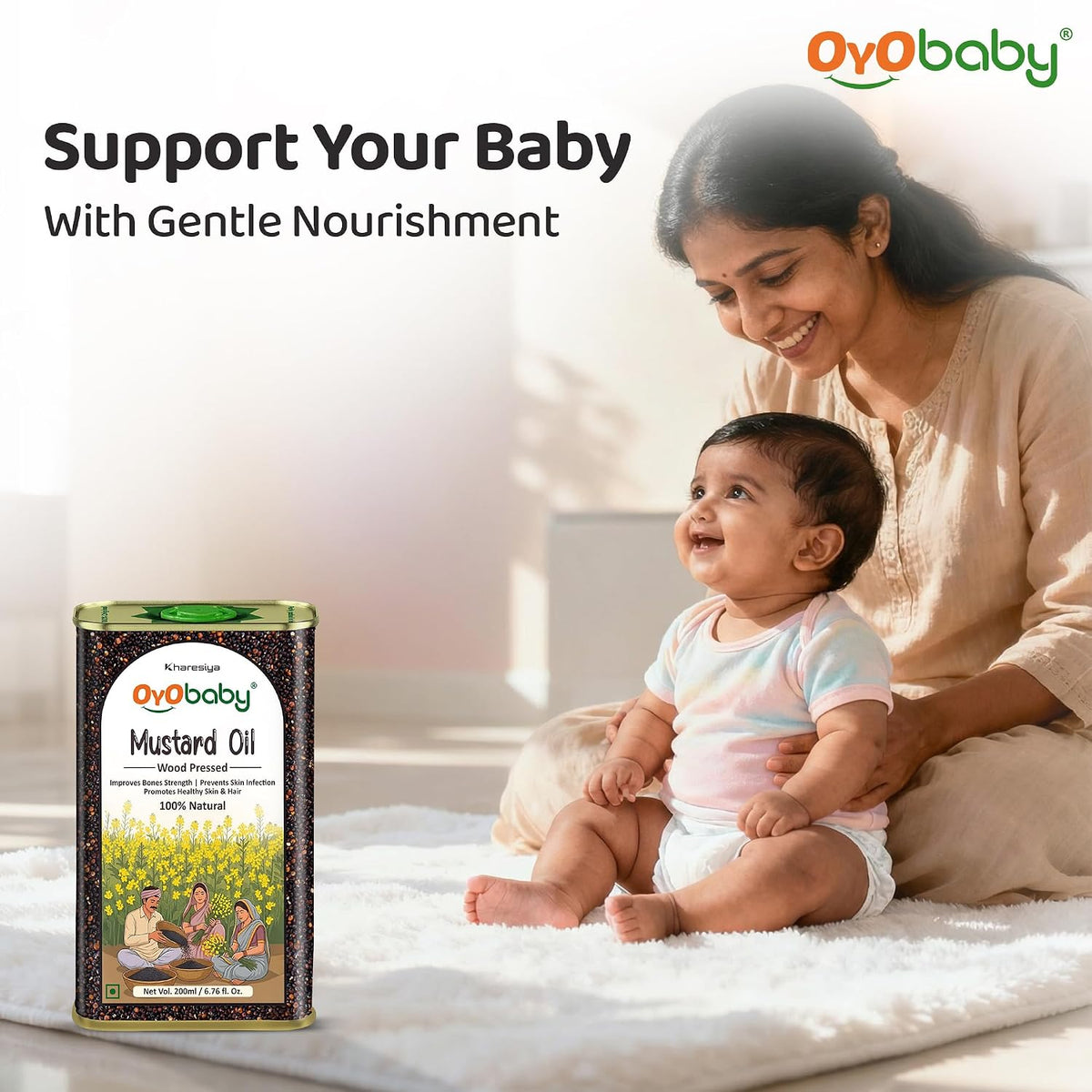 OYO BABY 100% Pure Cold-Pressed Mustard Oil for Baby - 200ml | Edible Food-Grade Sarson Oil | Enriched with Vitamins & Antioxidants | Baby Massage Oil | Baby Oil For Body Massage