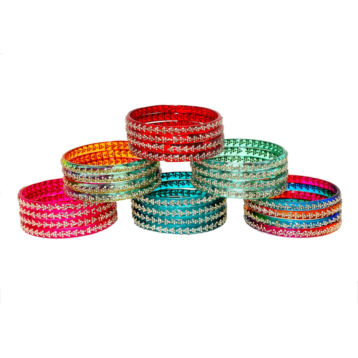NMII Latest Stylish Glass Bangle Set Studded With Zircon Stones For Women & Girls | Daily Use Chudi Fancy | Trendy Glass Bangles | Kanch Ki Chudi For Ladies | Festive Glass Bangles For Girl-Pack Of 24