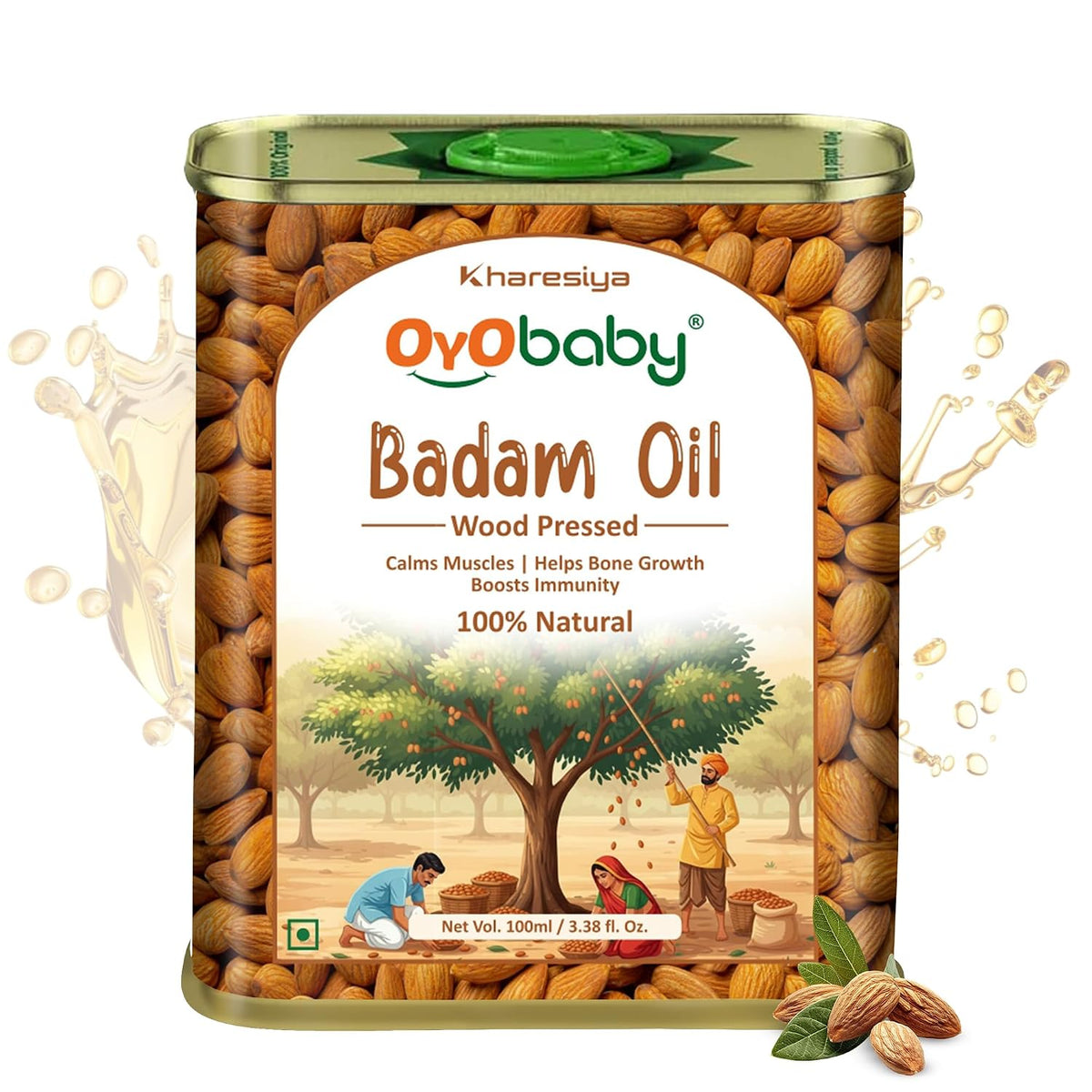OYO BABY 100% Pure Wood Pressed Sweet Almond Oil for Baby - 100ml | Enriched with Vit E, Omega 3 & 6 | FSSAI Approved, Pediatrician Tested | Baby Massage Oil | Rogan Badam Oil