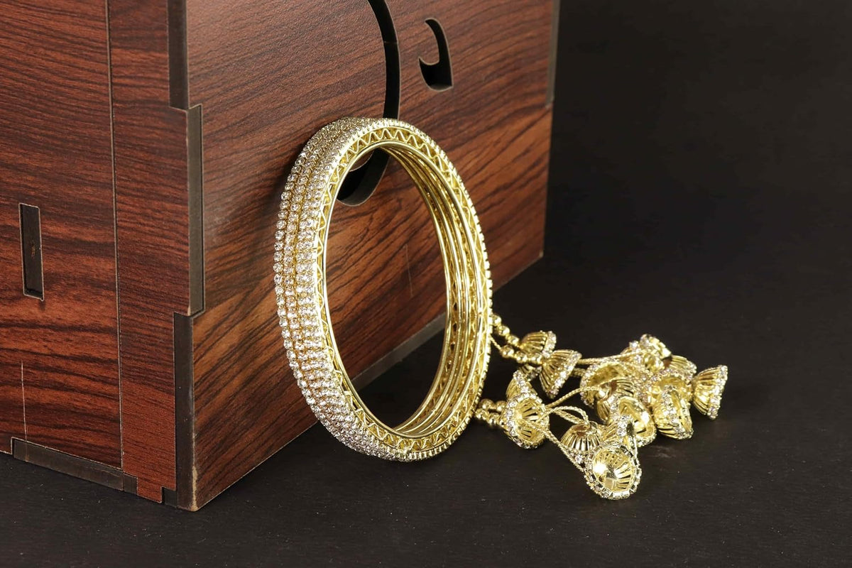 NMII Premium Alloy Metal Kada Set With Zircon Gemstone & Linked With Bell Latkan For Women & Girls | Traditional Jhumka Kalira Kada with Hangings | Wedding, Party, Festive Kaleera Bangles - Set of 4
