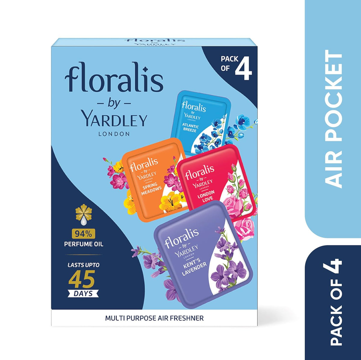 Floralis by Yardley London Air Pocket | Assorted Pack | Lasts up to 45 Days | For Cars, Cupbaord, Bathroom | 94% Perfume Oil