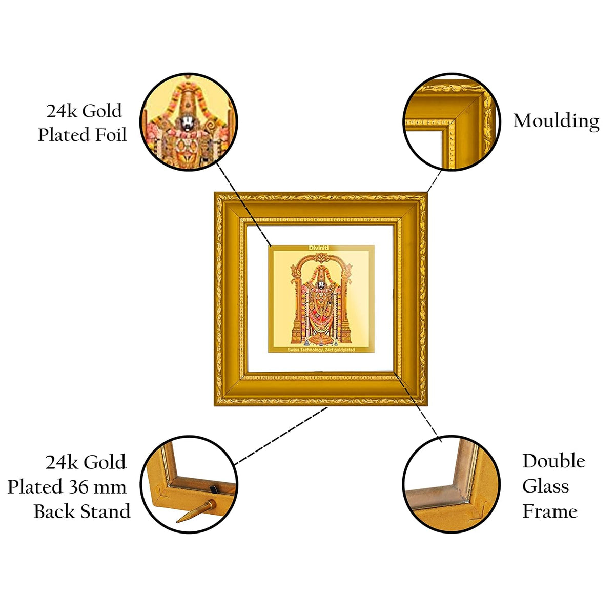 Diviniti Tirupati Balaji Gold Plated Wall Photo Frame, Table Décor| DG Frame 101 Size 1A and 24K Gold Plated Foil| Religious Photo Frame Idol For Pooja, Gifts Items (10 CM X 10 CM)