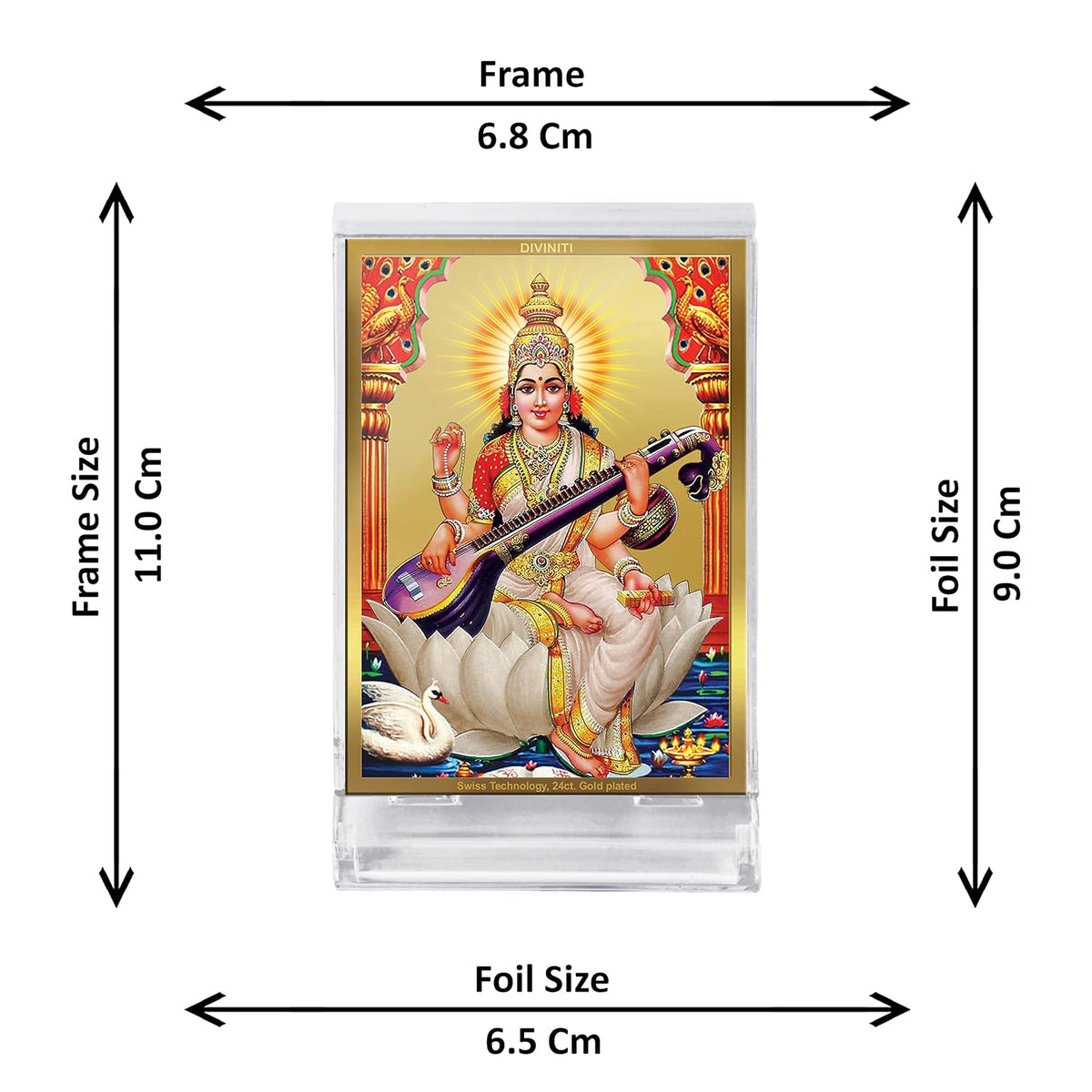 DIVINITI 24K Gold Plated Religious Car Dashboard Frame | Premium God Idol Frame for Car, Home Mandir & Office Table | Spiritual Gift, Decorative Showpiece | Saraswati Mata