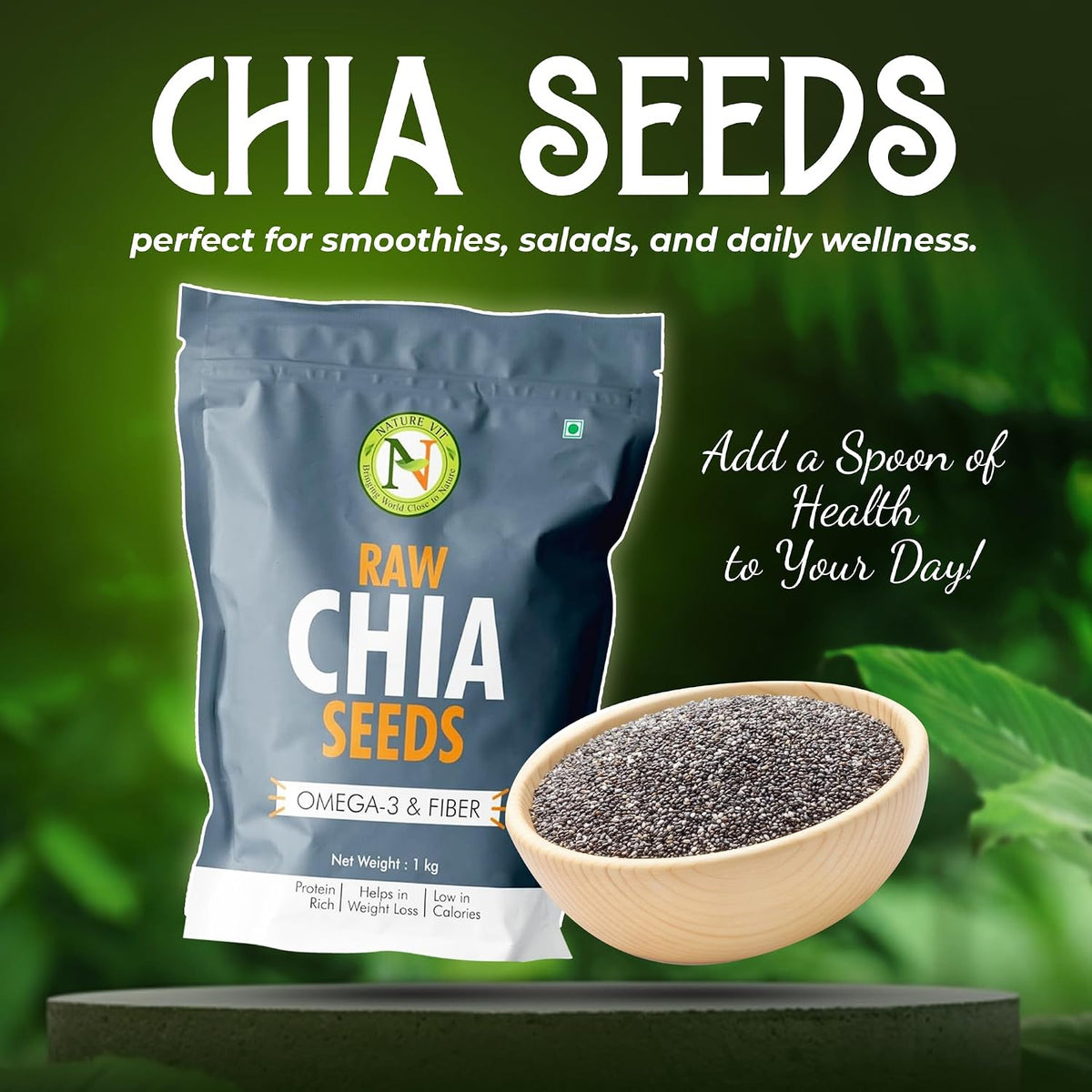 NatureVit Raw Chia Seeds 1 Kg | Superfood for Eating | Rich in Omega-3, Fiber & Protein | Ideal for Weight Loss, Digestion & Energy | Gluten-Free & Vegan