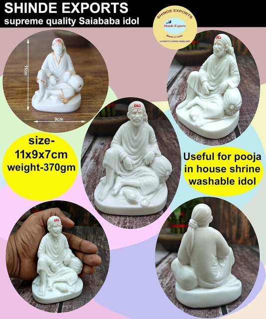 SHINDE EXPORTS shirdi saibaba Idol Marble/saibaba Idol for car Dashboard 11 cm (White Lacquered dwarkamai)