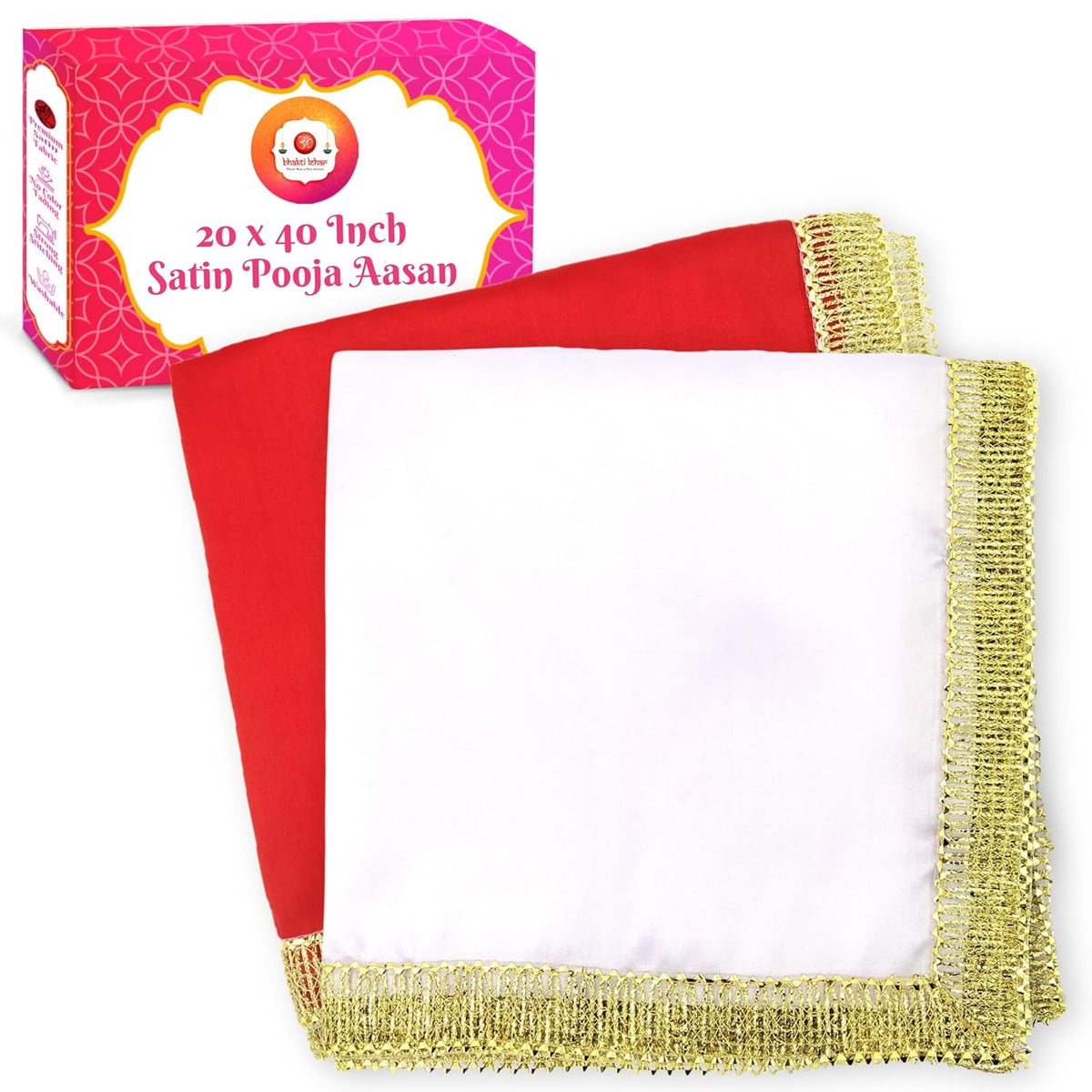 Bhakti Lehar Satin Pooja Aasan Cloth Mat for God Idol Sitting, Bhagwan Chowki, Ganesh Baithak, Temple Shelf, Home Mandir Decoration and Idol Backdrop (Red + White, 20 x 40 Inch)
