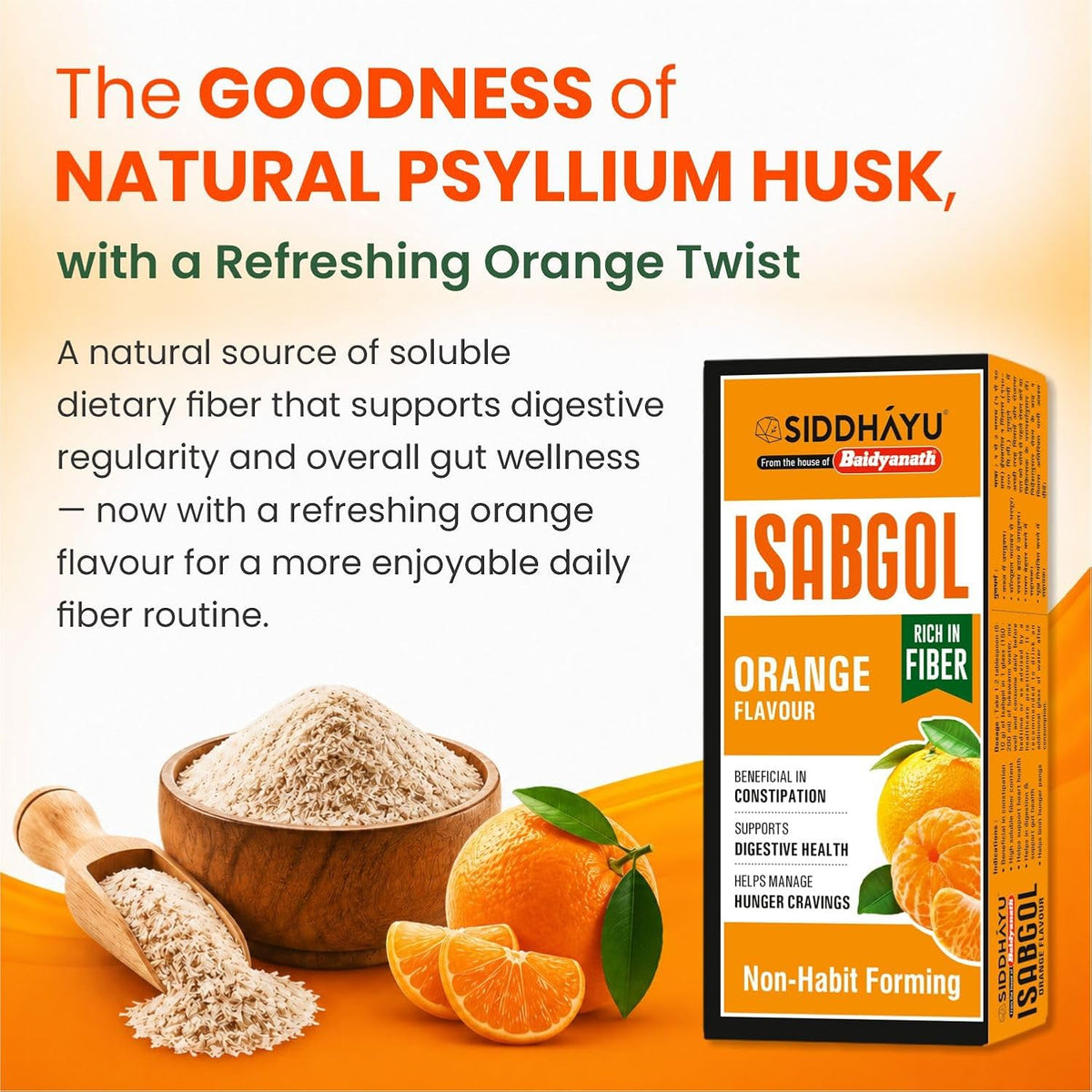Baidyanath Asli Ayurved Isabgol Orange flavour- Psyllium Husk Powder 200gm | Boosts Digestion | Constipation Relief Naturally | Rich Source Of Dietary Fiber Supplement