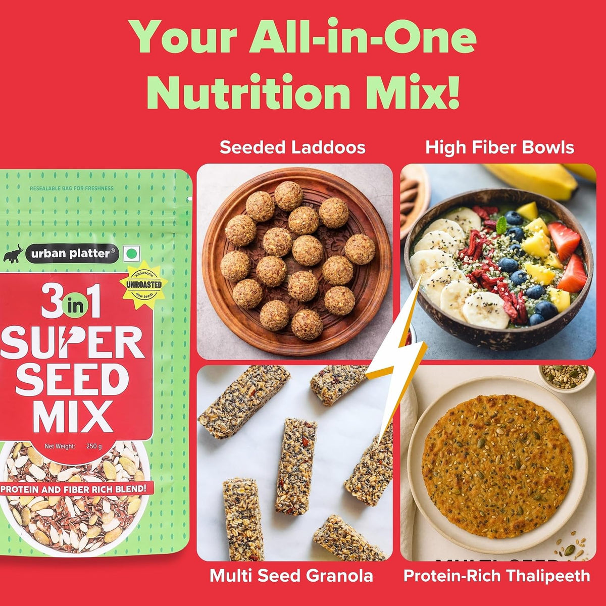 Urban Platter Unroasted 3-in-1 Super Seed Mix, 250g (High Protein & Fiber | Pumpkin, Sunflower & Flax Seed Blend | Raw & Ready-to-Eat Superfood Snack)
