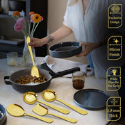 Parage 5 Pieces Stainless Steel Serving Spoons Set of 5 for Dining Table/Kitchen, 1.8 mm Heavy Gauge (2 Soup Ladle/Karchi, 1 Deep Turner, 1 Solid Spoon (Chamcha), 1 Rice Spoon) (Steel Gold, Pack of 5)