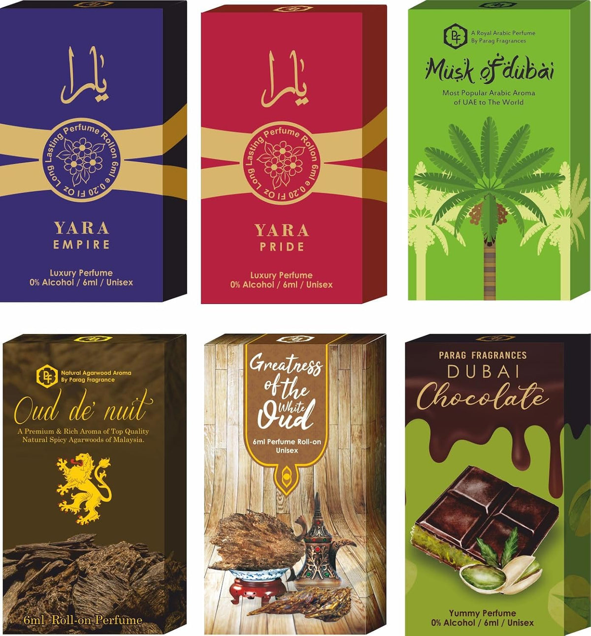 Parag Fragrances Top 6 Arabic Attar Combo Pack of 6ml × 6pc (Yara Empire,Yara Pride,Musk Of Dubai,Oud De Nuit,Greatness of White Oud,Dubai Chocolate)