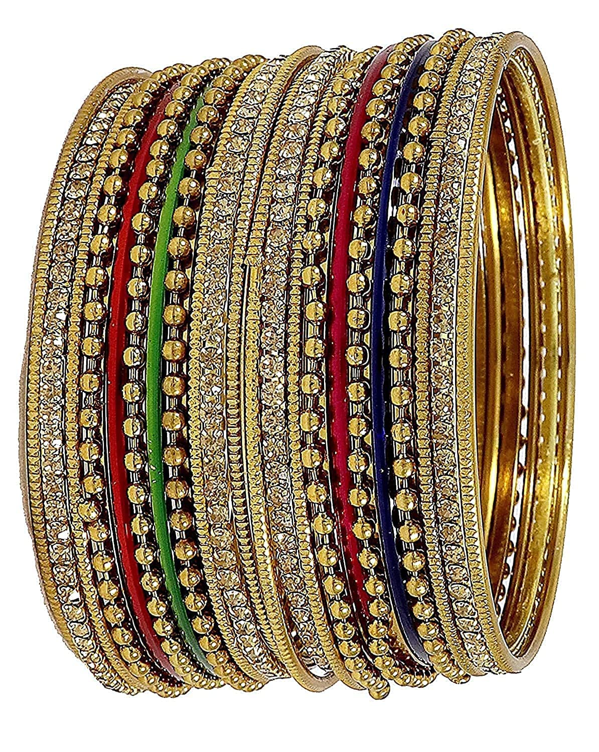 NMII Non-Precious Metal with Base Metal Zircon Gemstone Studded Glossy Finished Ballchain Linked Gold Plated Cutting Pattern Bangle set for Women and Girls
