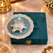 KridayKraft Decorative Tortoise Showpiece with 14 cm Designer Tray and Luxury Dark Teal Blue Gift Box, Tabletop Décor for Home, Office, Wedding, Anniversary and Housewarming Gift