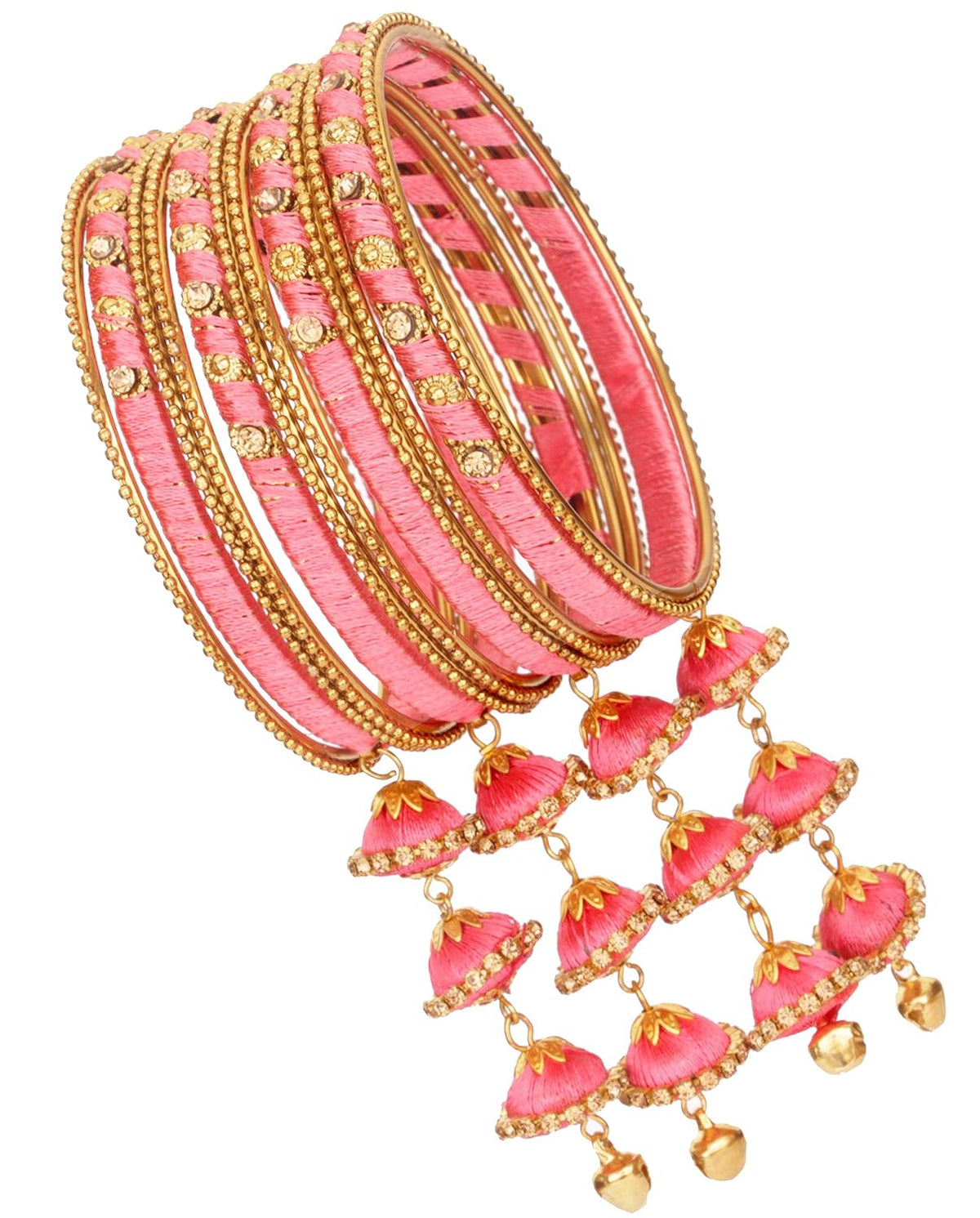 NMII Metal & Silk Thread Jhumka Zircon Latkan Stylish Bangles Set For Women's and Girls | Women's Fancy Latkan Bangles Set | Ethnic Fashion Jewellery- Set of 12 Bangle, (G405_Watermelon-2.8(2.8))
