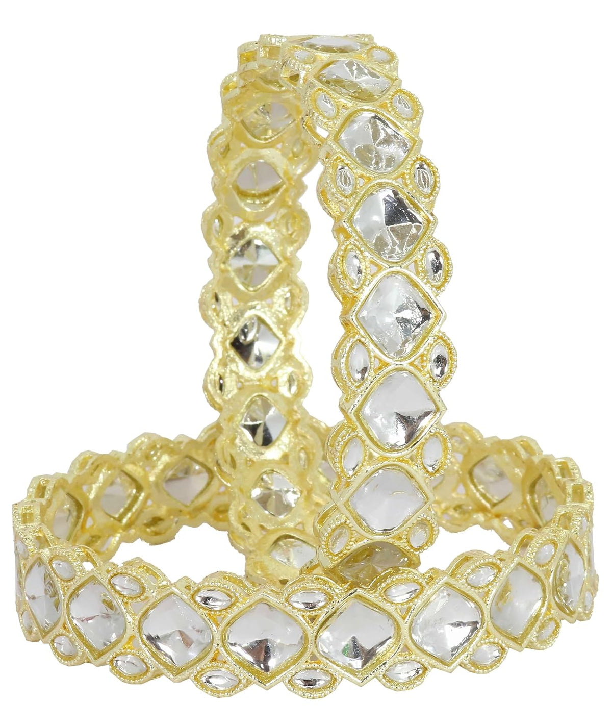 NMII Premium Gold Plated Metal with Kundan Mirror & Zircon Stone Bangles Set For Women & Girls | Bangles For Women Traditional | Metal Bangles with Mirror | Wedding, Party, Occasion Wear- Set of 2
