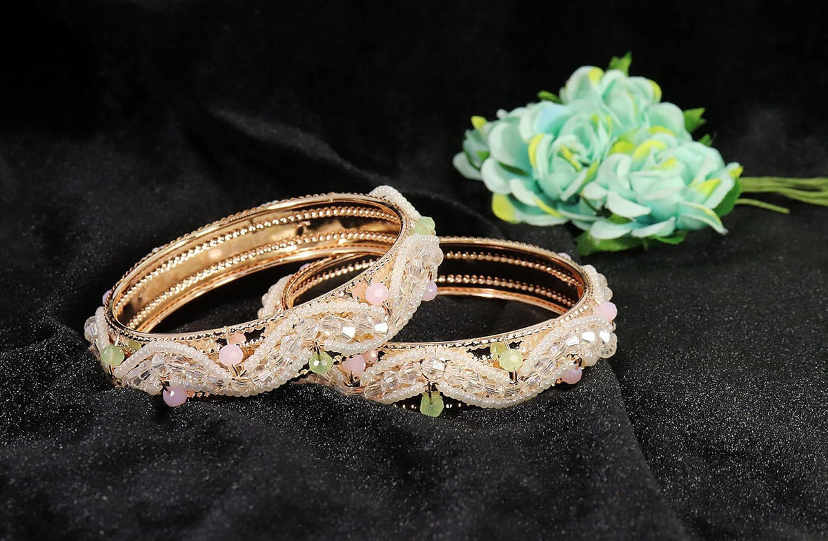 NMII Latest Metal Pearls Moti Bangles Kada Set For Women & Girls | Stylish Girl's Bangles Bracelet | Metal Bangles | Kada For Women | Bangles For Wedding, Party, Festive, Occasion Wear- Set of 2 Kada
