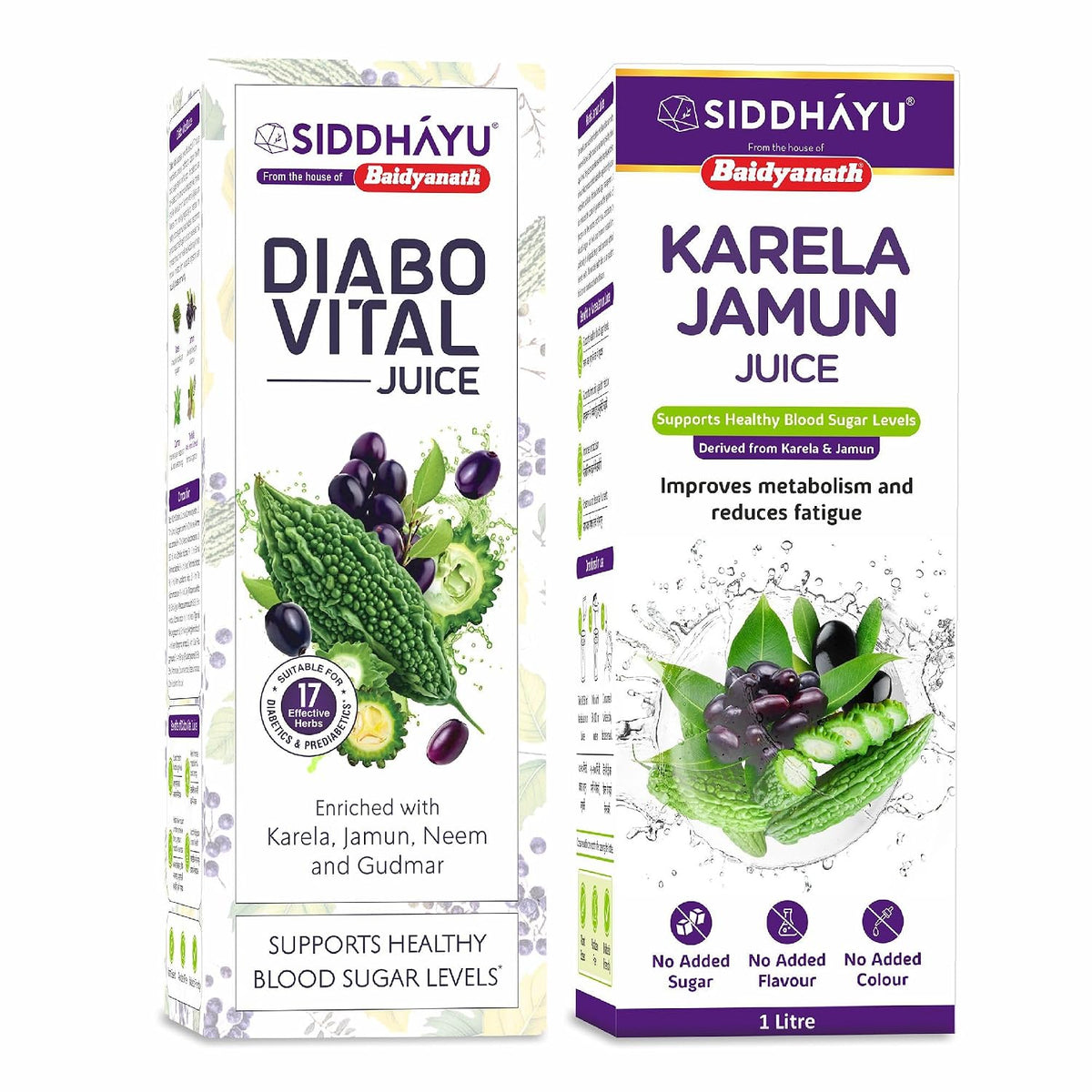 Baidyanath Asli Ayurved Karela Jamun Juice - 1L & Baidyanath Diabo Vital Juice With Karela, Jamun, Neem & Gudmar - 1L