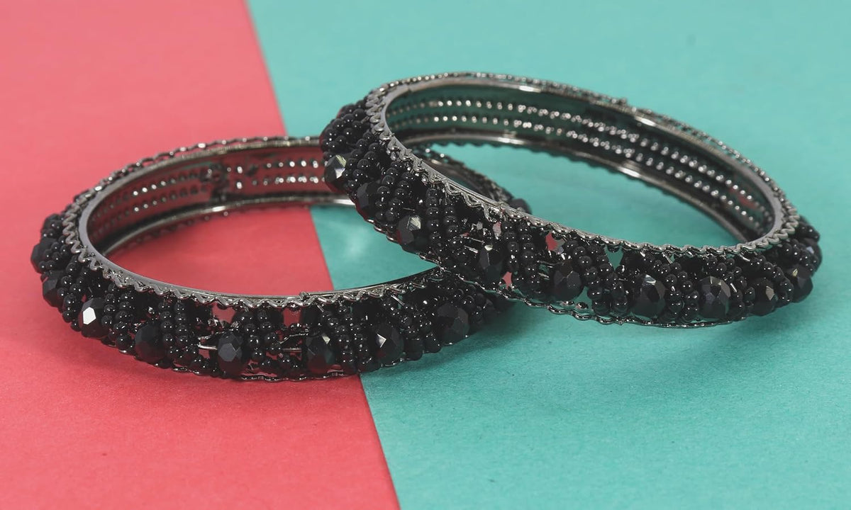 NMII Stylish Pearls & Alloy Metal Kada Set For Women and Girls | Metal Bangles For Women | Traditional Kada Bangles For Girls | Pearls Moti kada | black kada bangles for women, (MAH58_9001-Black-2.4)