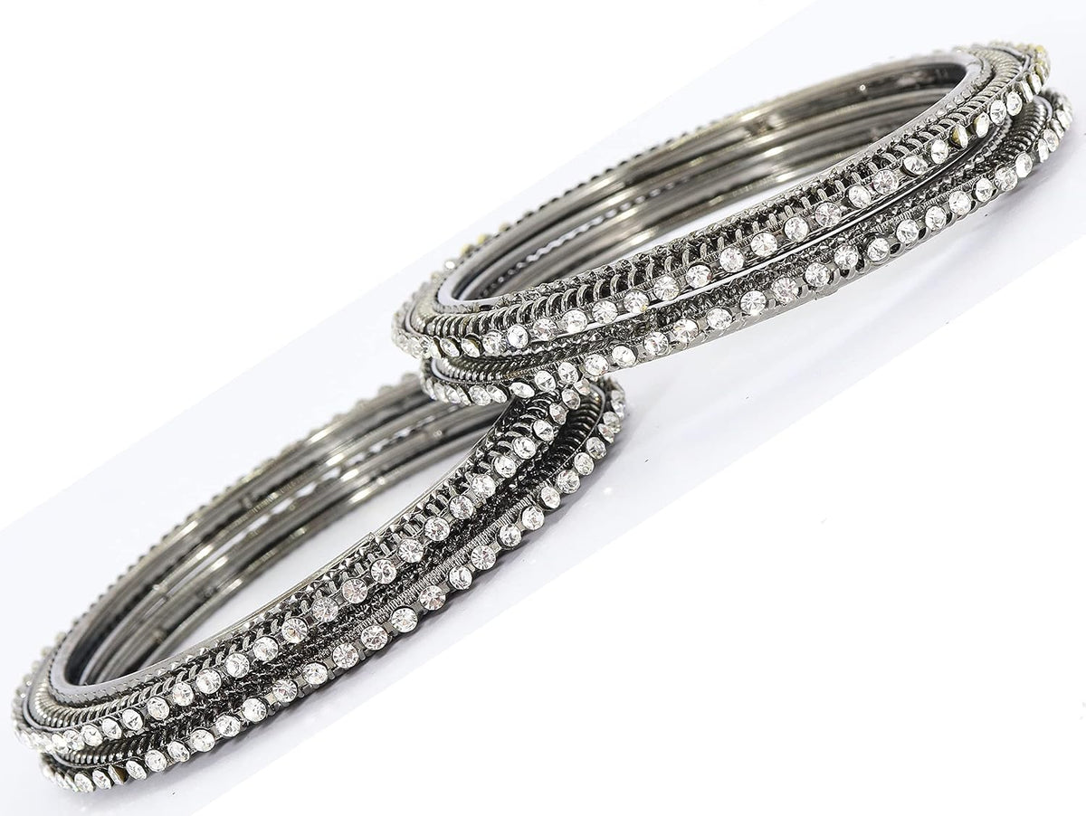 NMII Non-Precious Metal Base Metal and Curved Shaped Studded with Zircon Gemstone Glossy Finished Bangle/Kada Set For Women and Girls
