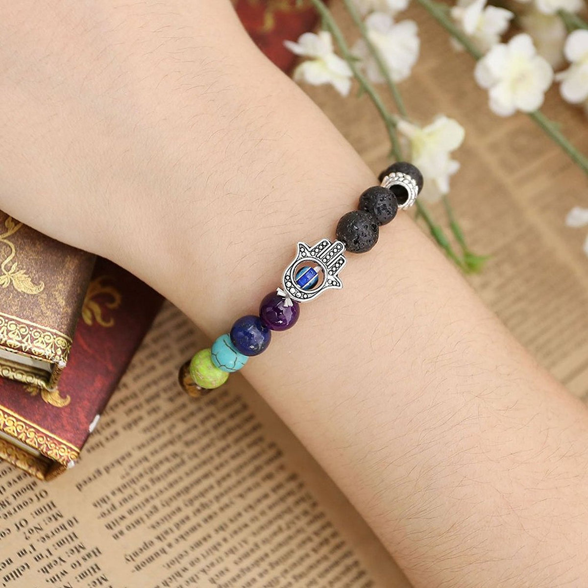 Shining Diva Fashion Natural Lava Stones Seven Chakra Evil Eye Charm Bracelet for Men (9373b)