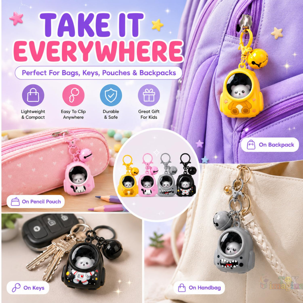 Toy Imagine Cute LED Glowing Animal Keychain for Kids (Pack of 4) Kawaii Cat Astronaut Bag Charm with Bell Backpack & School Bag Accessory Return Birthday Gift for Girls, Boys, Teens (Random Designs)
