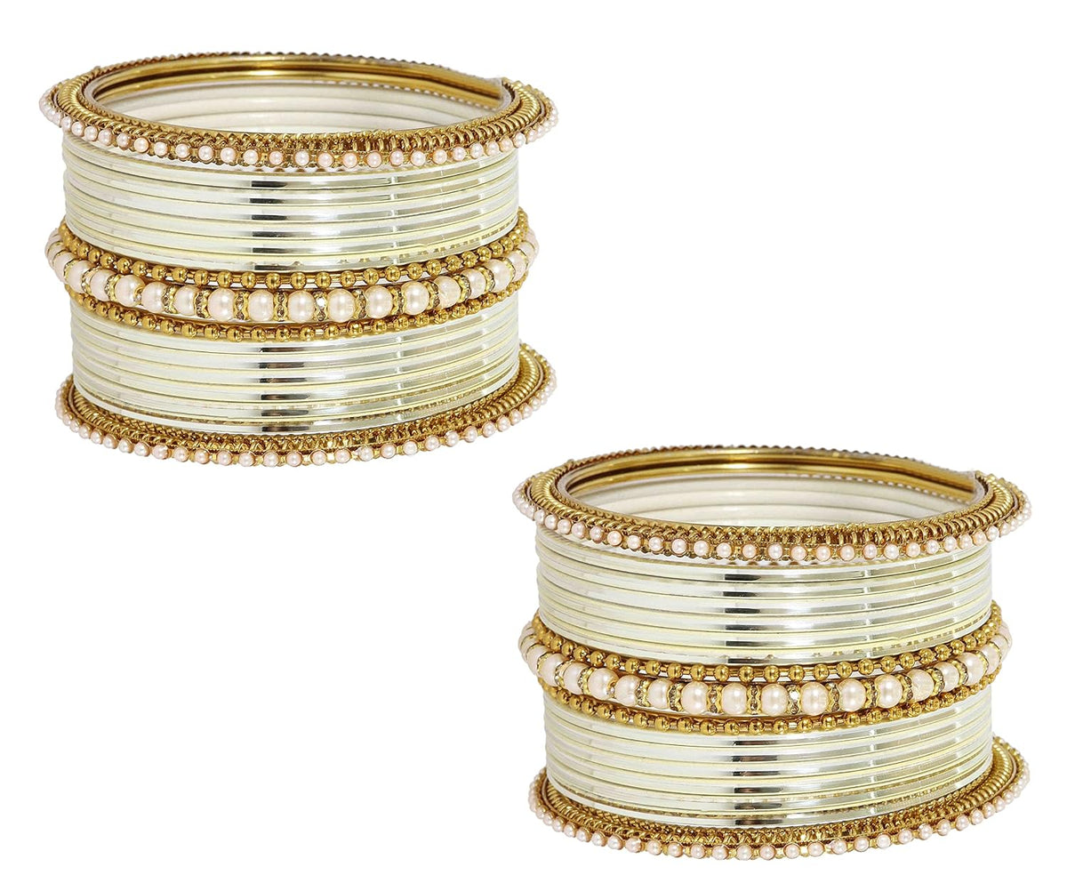 NMII Non-Precious Metal Base Metal Studded with Pearl or Zircon Gemstone and Linked with Ball Chain Glossy Finished Bangle Set For Women and Girls