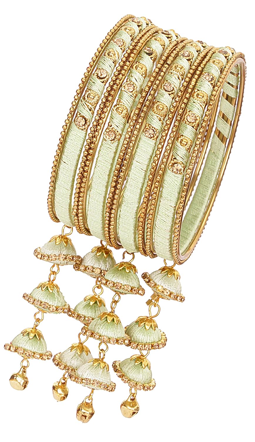 NMII Metal & Silk Thread Jhumka Zircon Latkan Stylish Bangles Set For Women's and Girls | Women's Fancy Latkan Bangles Set | Ethnic Fashion Jewellery- Set of 12 Bangle, (G405_Pista-2.8(2.8))