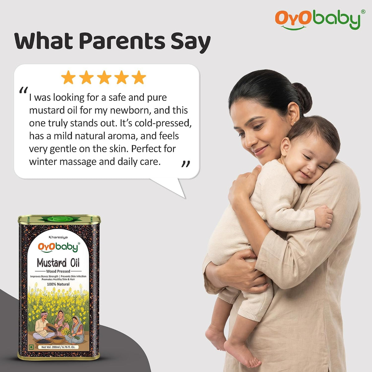OYO BABY 100% Pure Cold-Pressed Mustard Oil for Baby - 200ml | Edible Food-Grade Sarson Oil | Enriched with Vitamins & Antioxidants | Baby Massage Oil | Baby Oil For Body Massage
