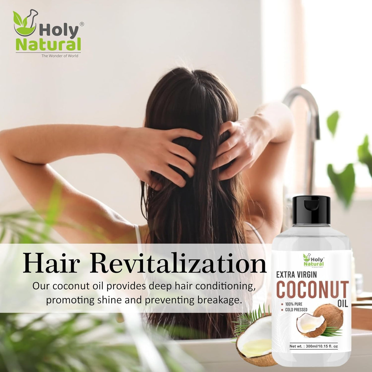 Holy Natural Extra Virgin Coconut Oil | 100% Pure & Cold Pressed | Natural & Organic | Eadible Oil also for Hair & Skin | 300ml