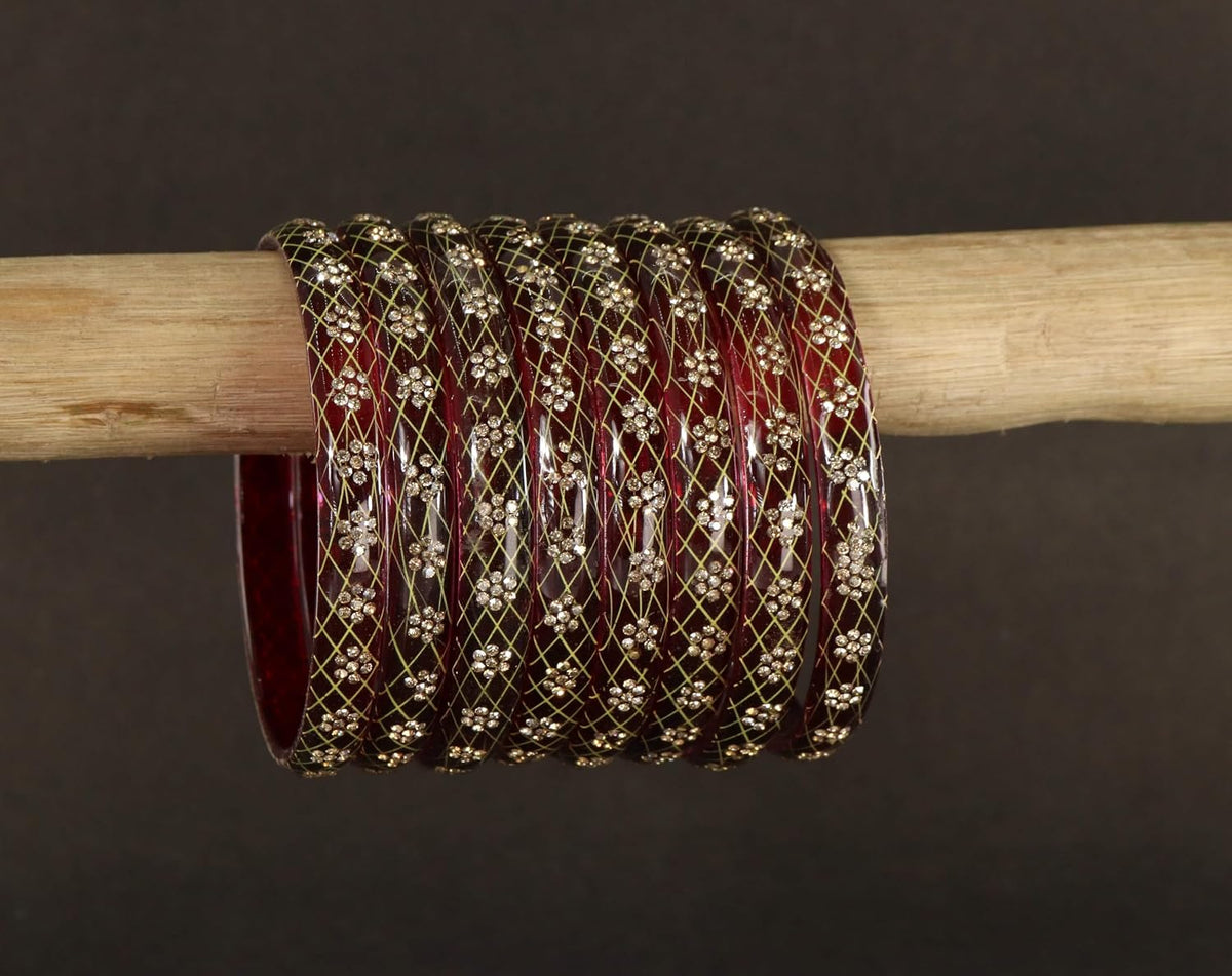 NMII Premium Crystal Glass Kada Set with Zircon Gemstone & Printed Design For Women & Girls | Transparent Glass Bangles | Latest Girl's Bangles | Bangles - Set of 8 (GK63_DottedFloralKada-Maroon-2.8)