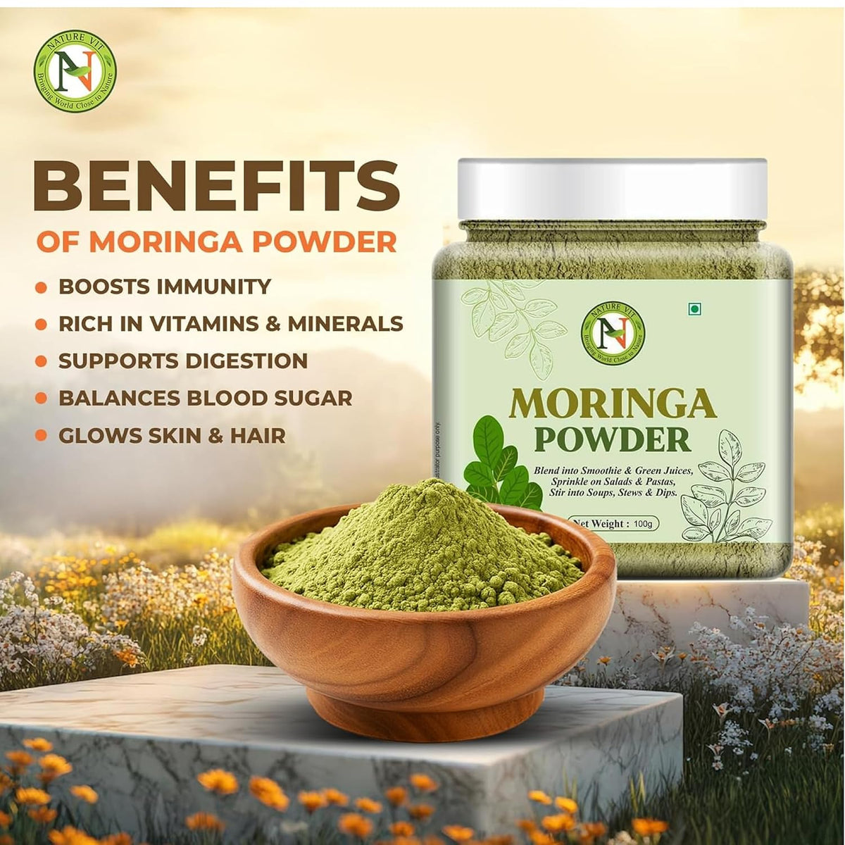 NatureVit Pure Moringa Leaf Powder 100g | Natural Superfood Supplement | Rich in Vitamins, Minerals & Antioxidants | Vegan & Gluten-Free