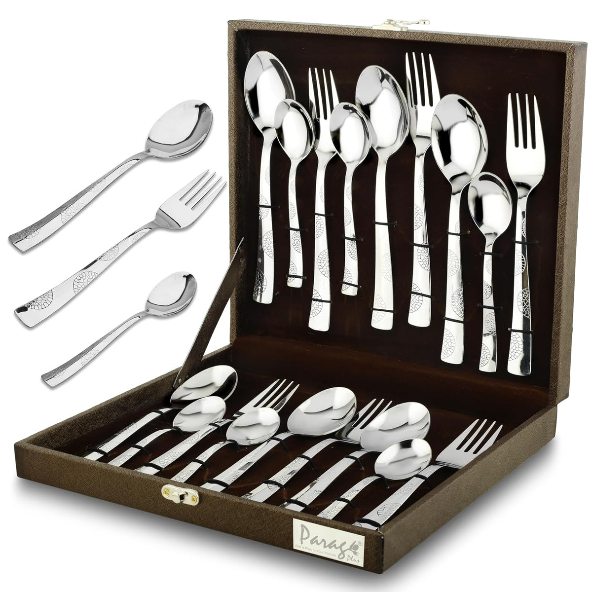 Parage 18 Pieces Premium Stainless Steel Cutlery Set, Home & Kitchen with Gift Box (6 Pieces Each Table Spoons, Table Forks & Tea Spoons) with Leatherite Box