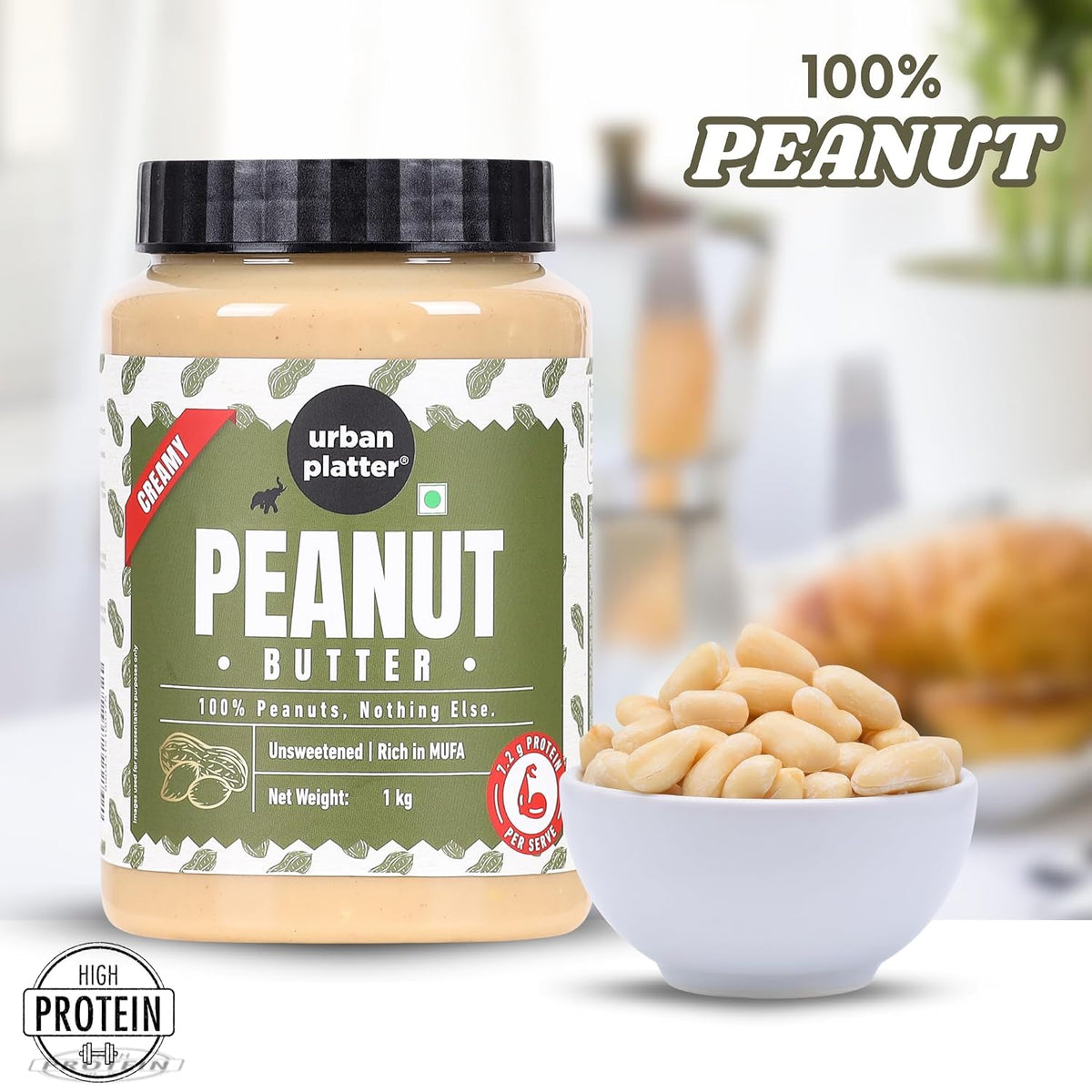 Urban Platter Creamy Peanut Butter, 1Kg (Classic Smooth | Single Ingredient | Keto-Friendly)