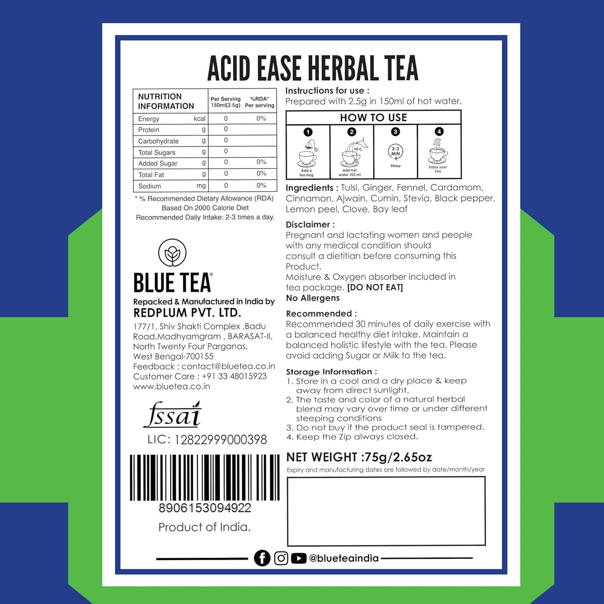 BLUE TEA - Acid Ease Tea - 30 Tea Bags - Plant Based | Relieves Acidity and Gas - Supports Digestion | Tulsi, Ajwain, Black Pepper, Bay leaf | Caffeine Free - Herbal Tea | Ziplock Pack