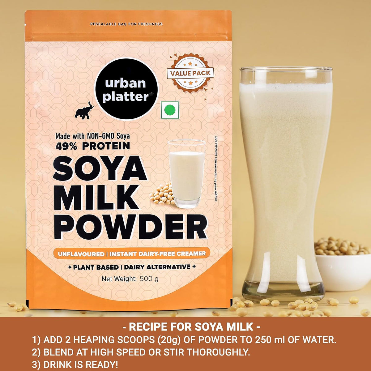 Urban Platter Soya Milk Powder, 500g (Soy-Based Dairy Alternative | Unsweetened | 49% Protein | Plant-Based | Non GMO)