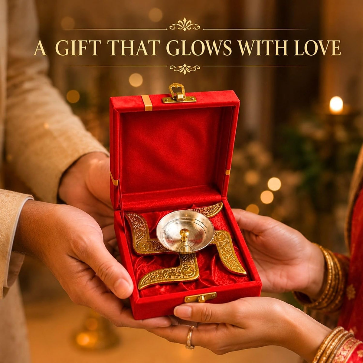 DSH Brass Diya Brass Swastik Diya Oil Diya with Velvet Box for Diwali,Temple,Office Puja and Return Gift.(DYA-SWASTIK)